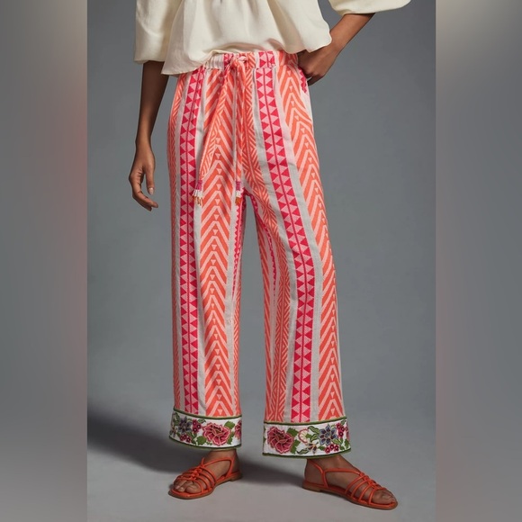 NWT Anthropologie Farm Rio Geometric Floral Embroidered Striped Pants Pink XS - Picture 2 of 16
